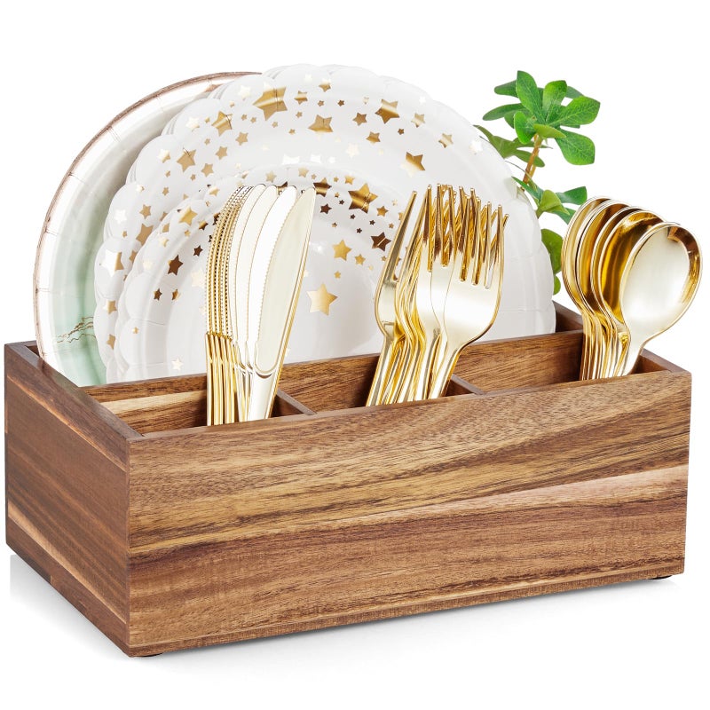 DRASTAR Paper Plate Dispenser  Acacia Utensil Caddy Organizer  Large Silverware Holder for Party  Paper Plate Organizer  Kitchen Utensil Caddy for Party Picnic Camping - Image 1